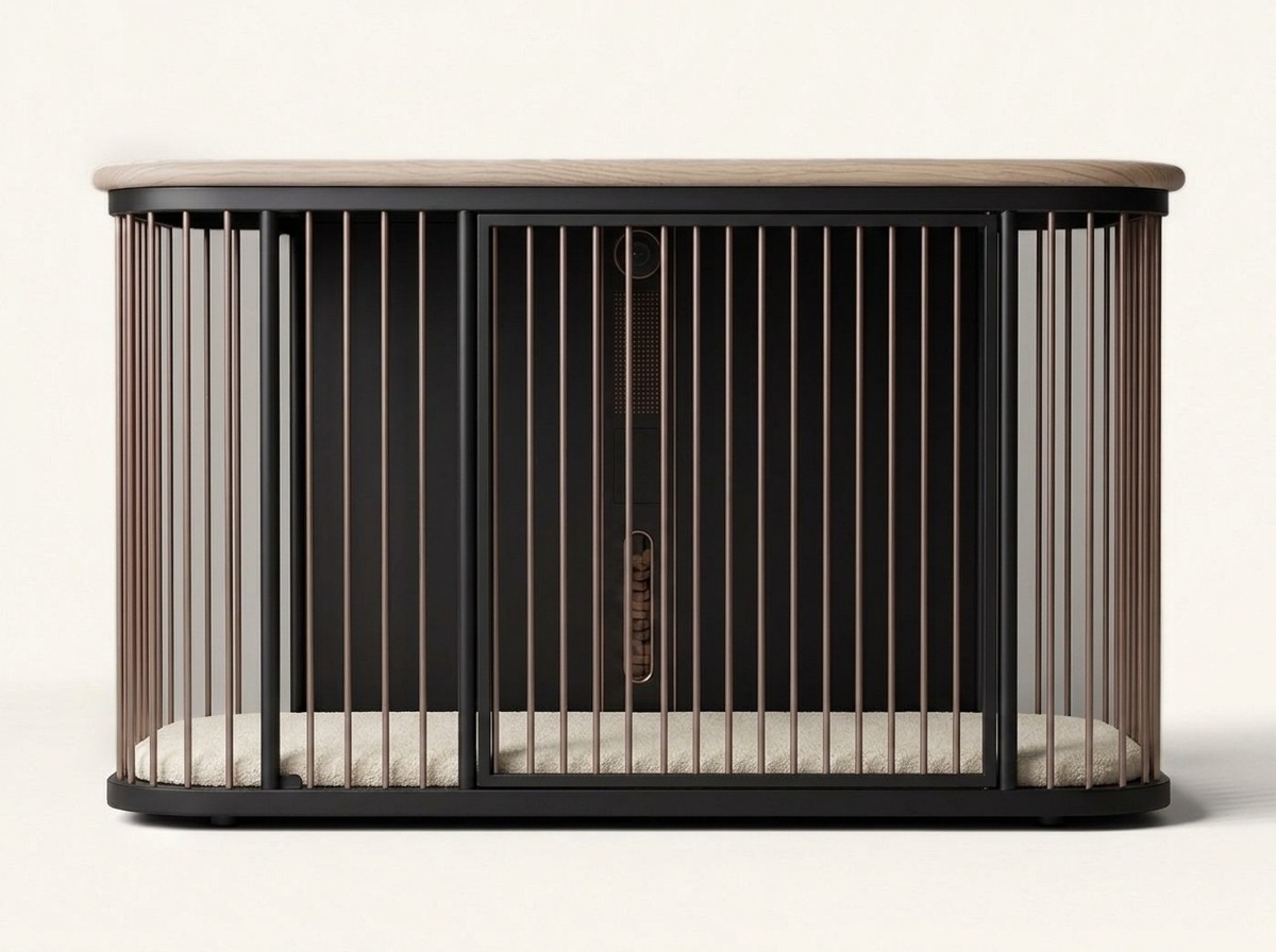 The Denn den, Medium — oak top, bronze rods, matte black frame