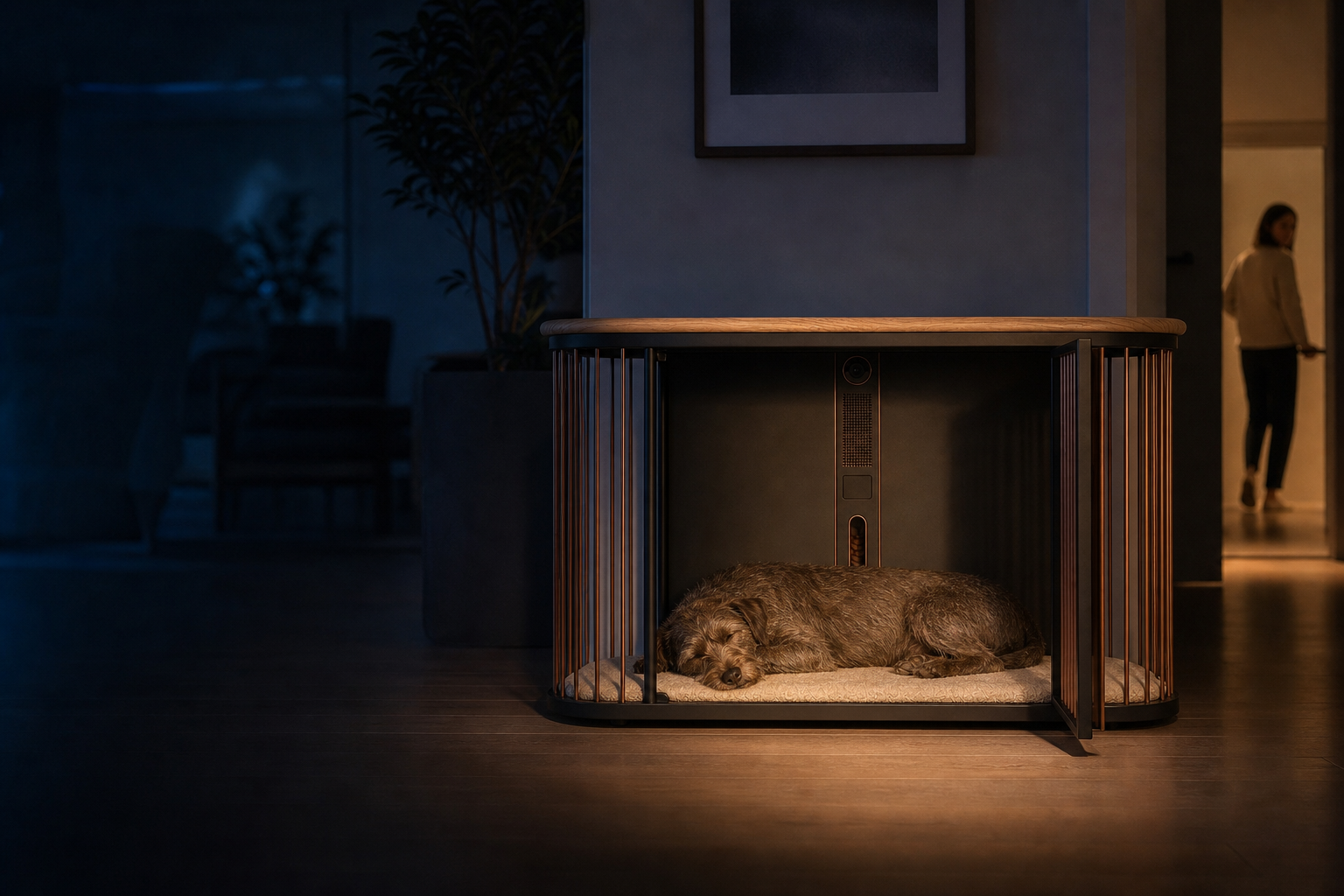 A dog sleeps inside Koja while their person leaves calmly
