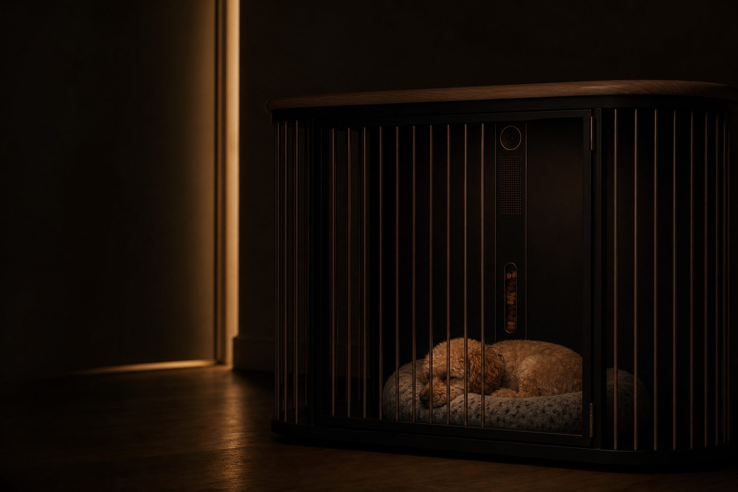 Peanut sleeps inside Denn at night while the room falls into deep shadow