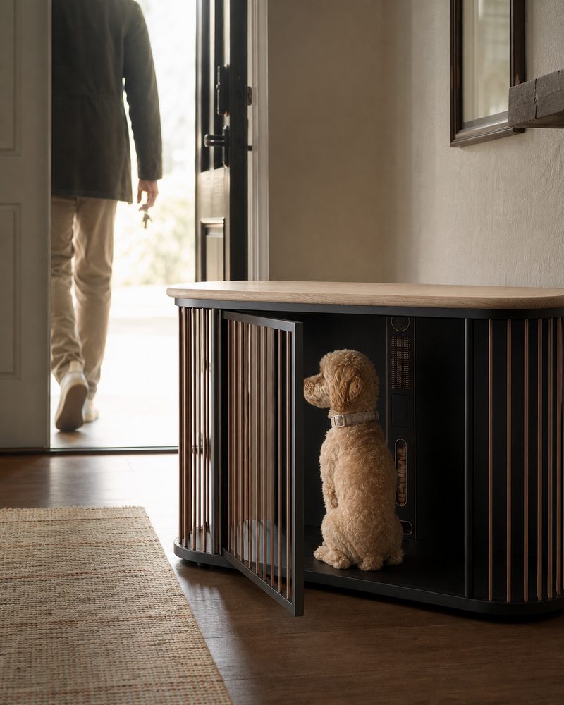 Peanut sits calmly inside her open den as her person leaves in the morning