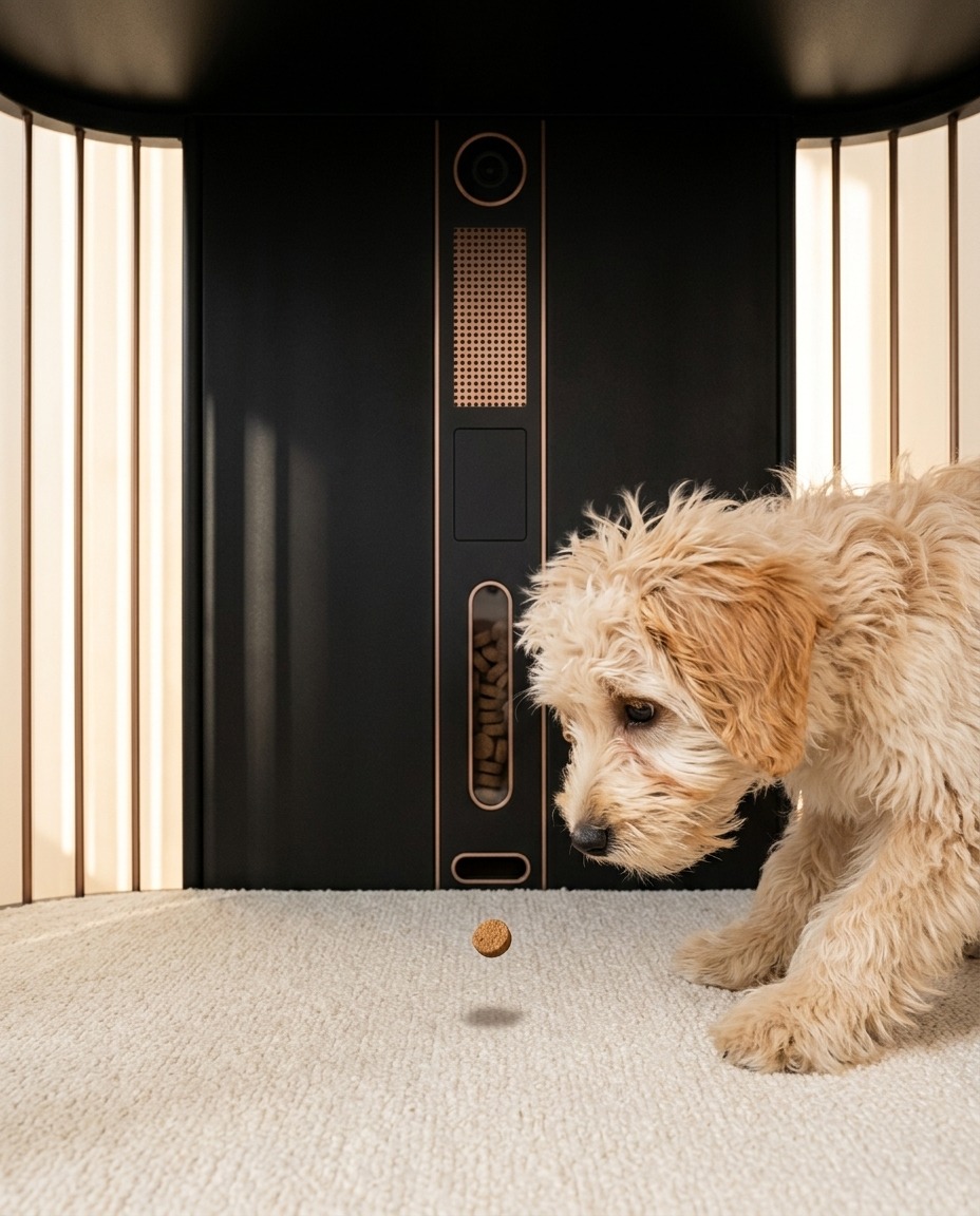 A treat drops from the Tech Bar while Peanut watches inside her den