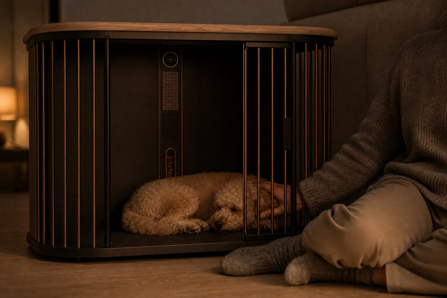 A person sits on the floor beside Denn, reaching a hand through the bronze rods to sleeping Peanut