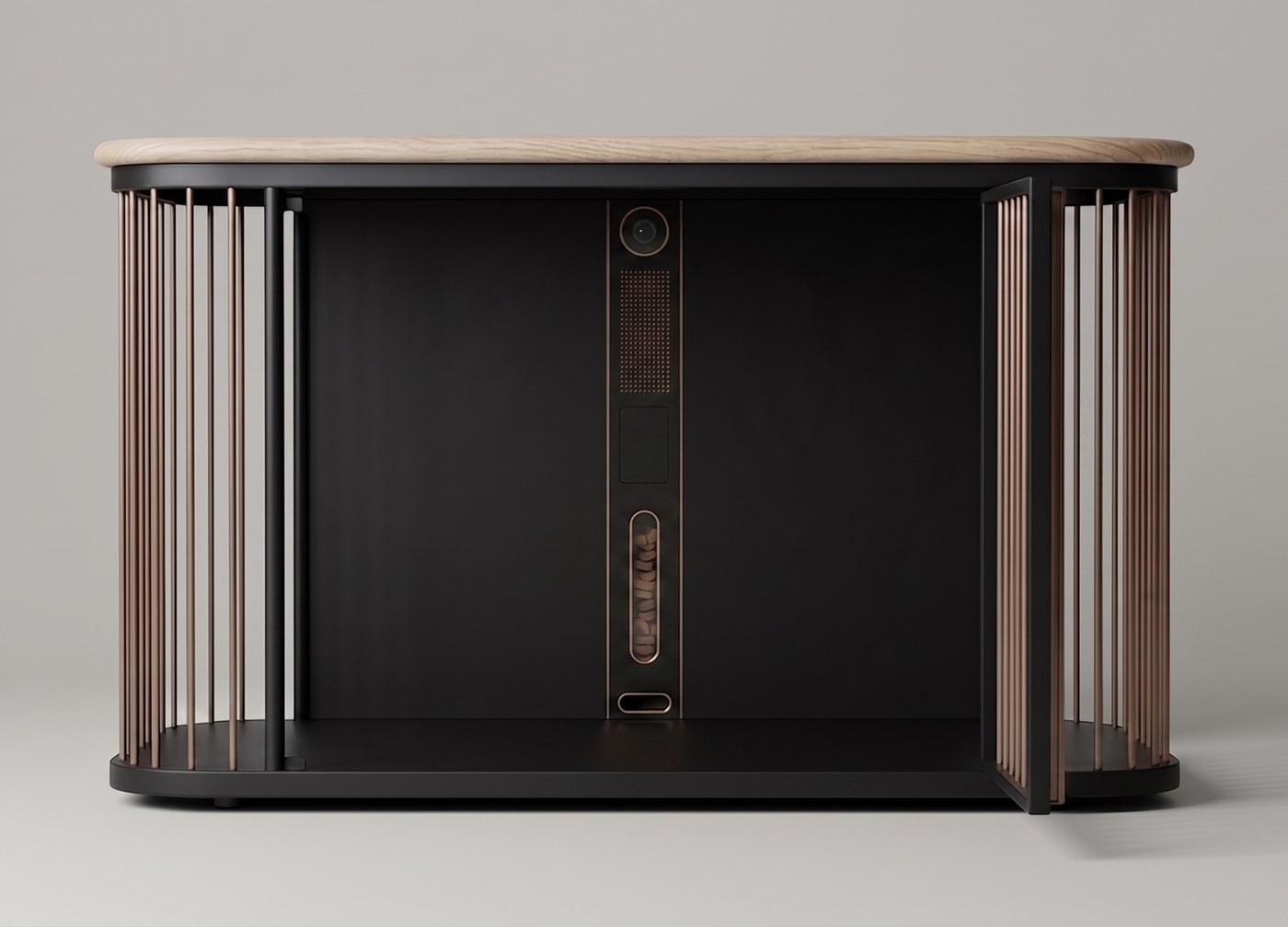 The Denn den — bronze rods wrapping rounded corners, solid oak top, and the Tech Bar inside