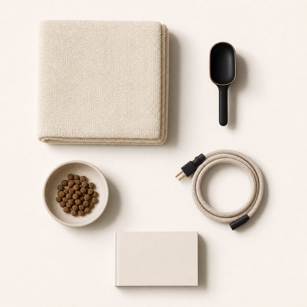 Complete flat lay of the Denn mat, treat scoop, treats, power cable, and quick-start booklet