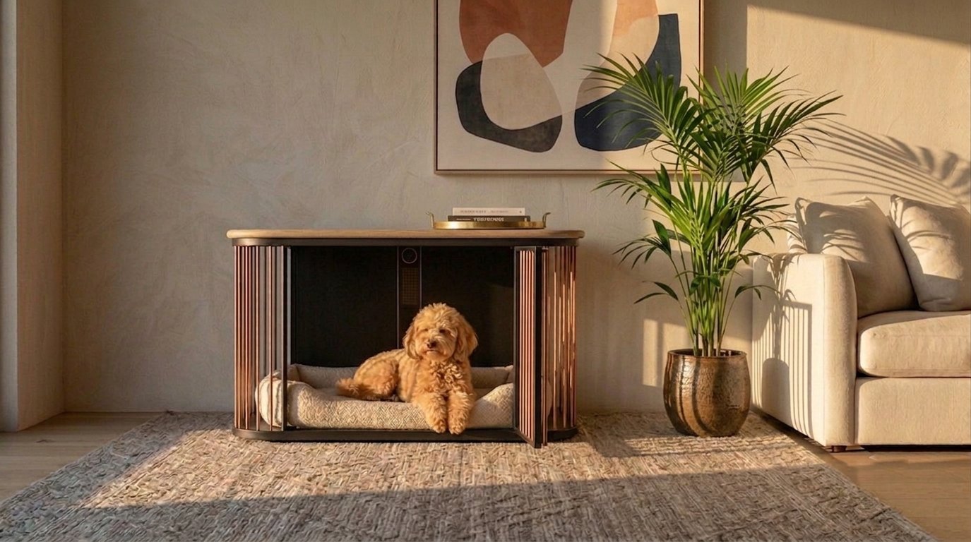The Denn den styled as a console in a sunlit living room — books on top, Peanut resting inside
