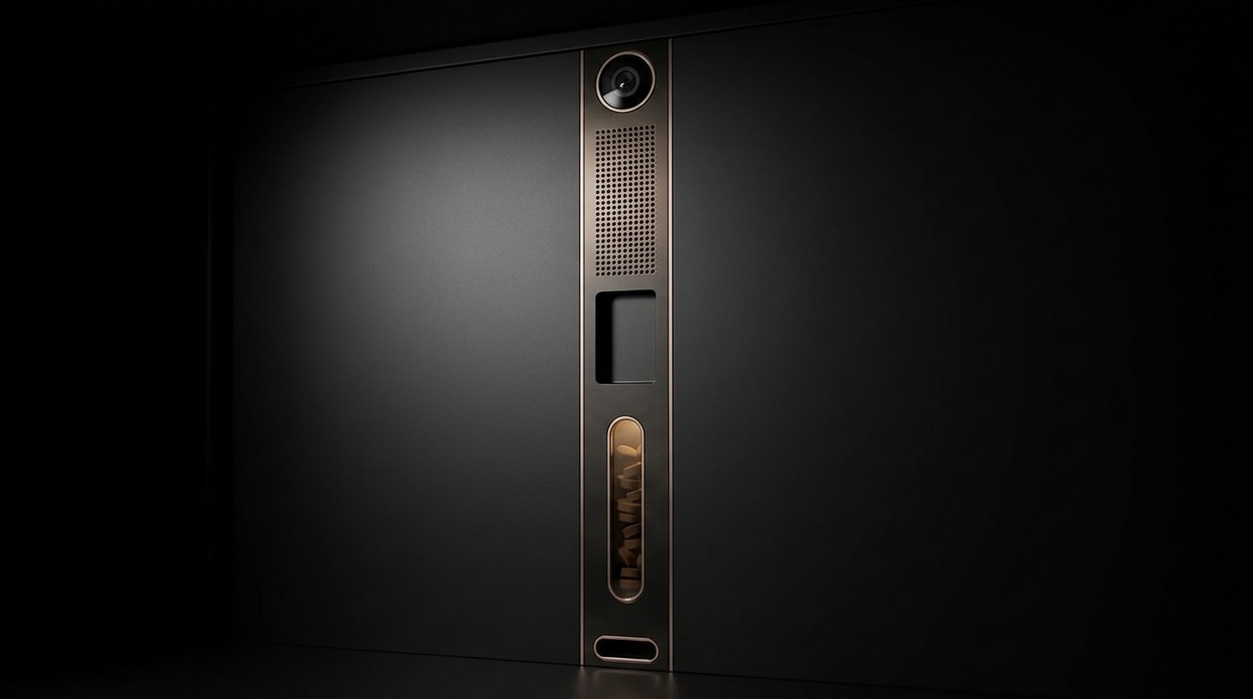 Macro of the Tech Bar — camera, speaker grille, sensor window, and treat chute in one bronze strip