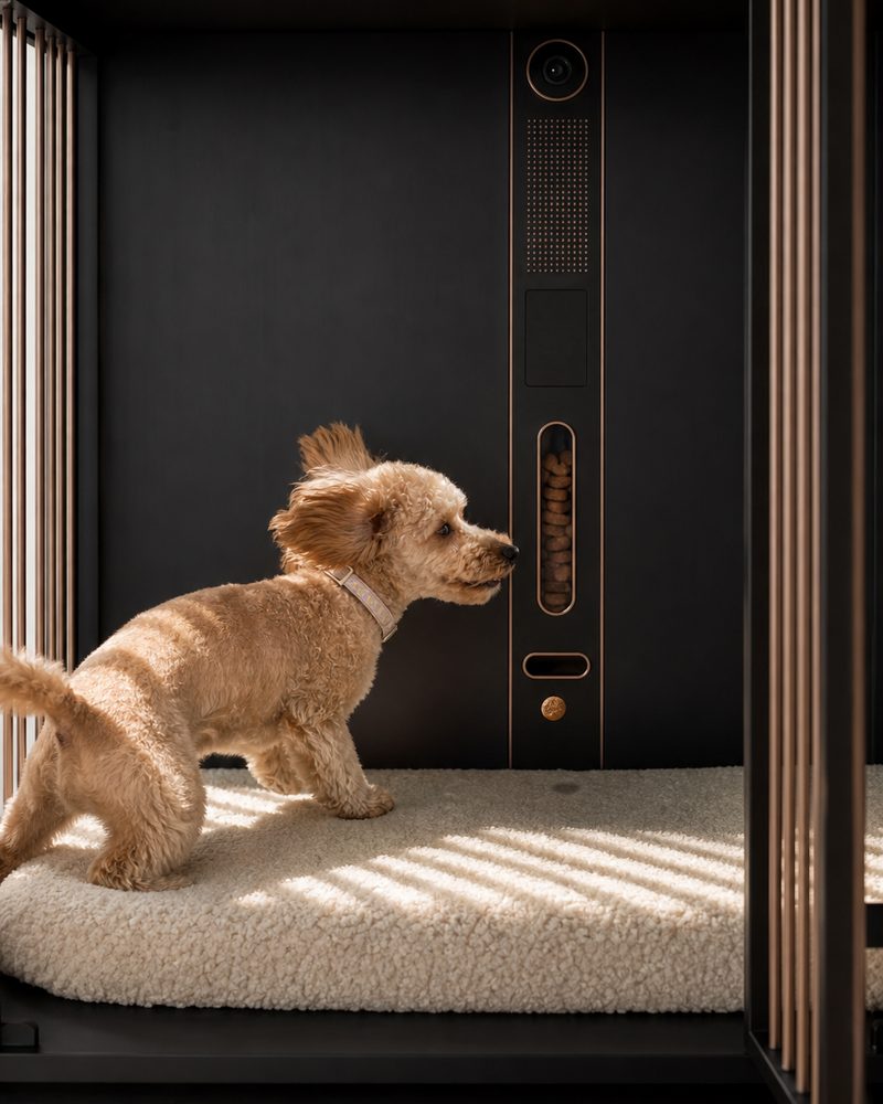 A single treat drops from the Tech Bar beside Peanut inside her den